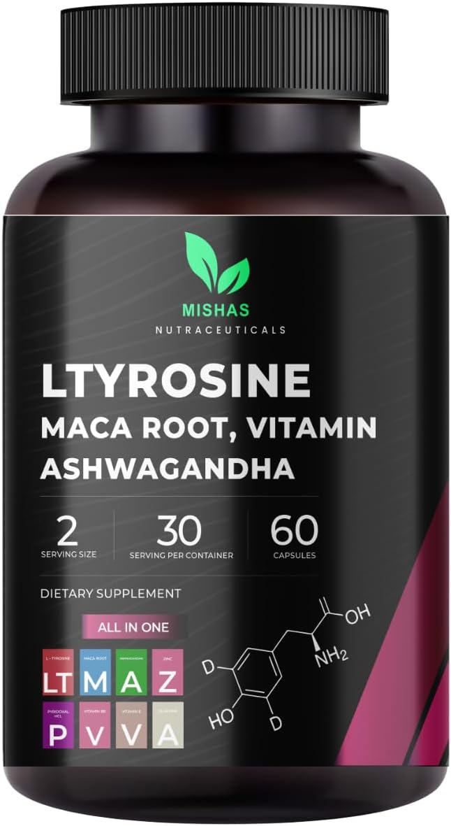 Mishas Nutraceuticals L-Tirosina con Raíz de Maca, Ashwagandha y Complejo de Vitaminas – 60 Cápsulas