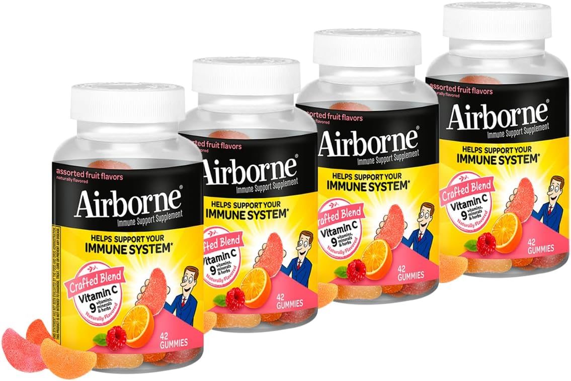Airborne Gominolas de Vitamina C 750mg para Adultos, Sabor Frutas Variadas, Sin Gluten, 42 Gominolas (Pack de 4)