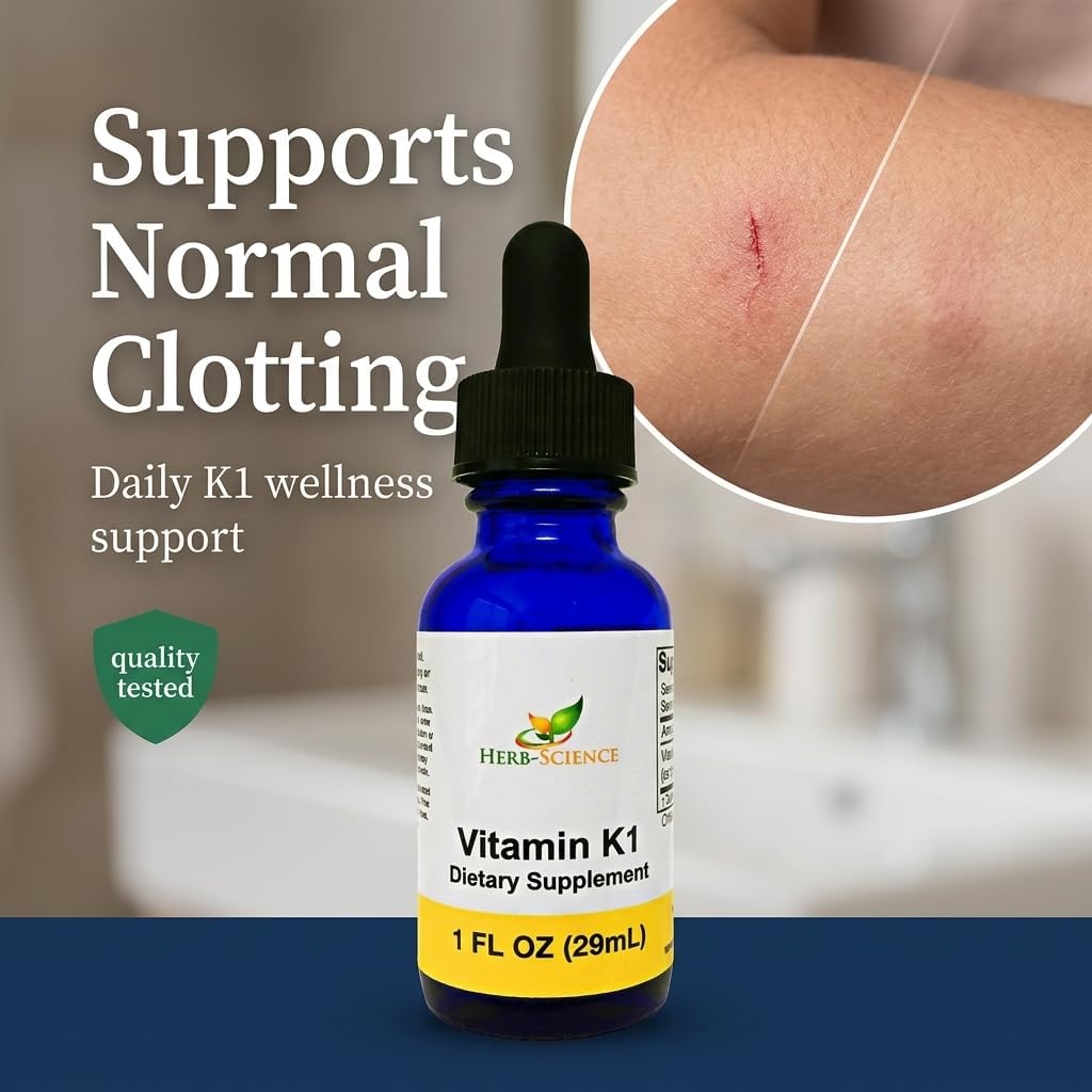 Herb-Science Vitamina K1 Gotas - Suplemento de Vitamina K1 y Aceite de Cártamo - Apoya la Salud de la Sangre, Huesos y Piel - Sin Alcohol, Vegano, 30 ml (1 fl oz), 36 porciones