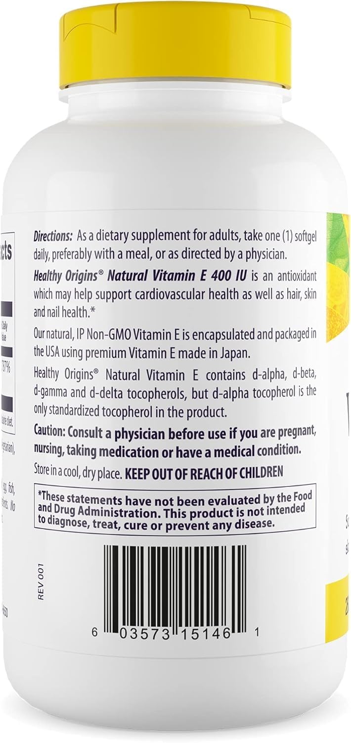 Healthy Origins Vitamin E 400 IU (Natural, GMO-Free, Gluten-Free) – 360 Softgels