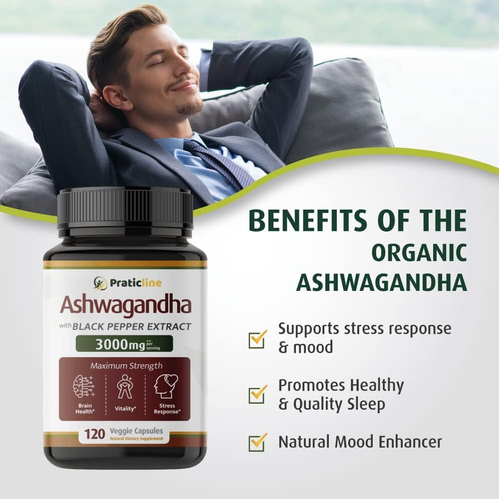 PRATIC LINE Ashwagandha Cápsulas 3000 mg - 120 Cápsulas Veganas con Polvo y Extracto de Raíz Orgánica. Sin Gluten. Hecho en EE. UU.