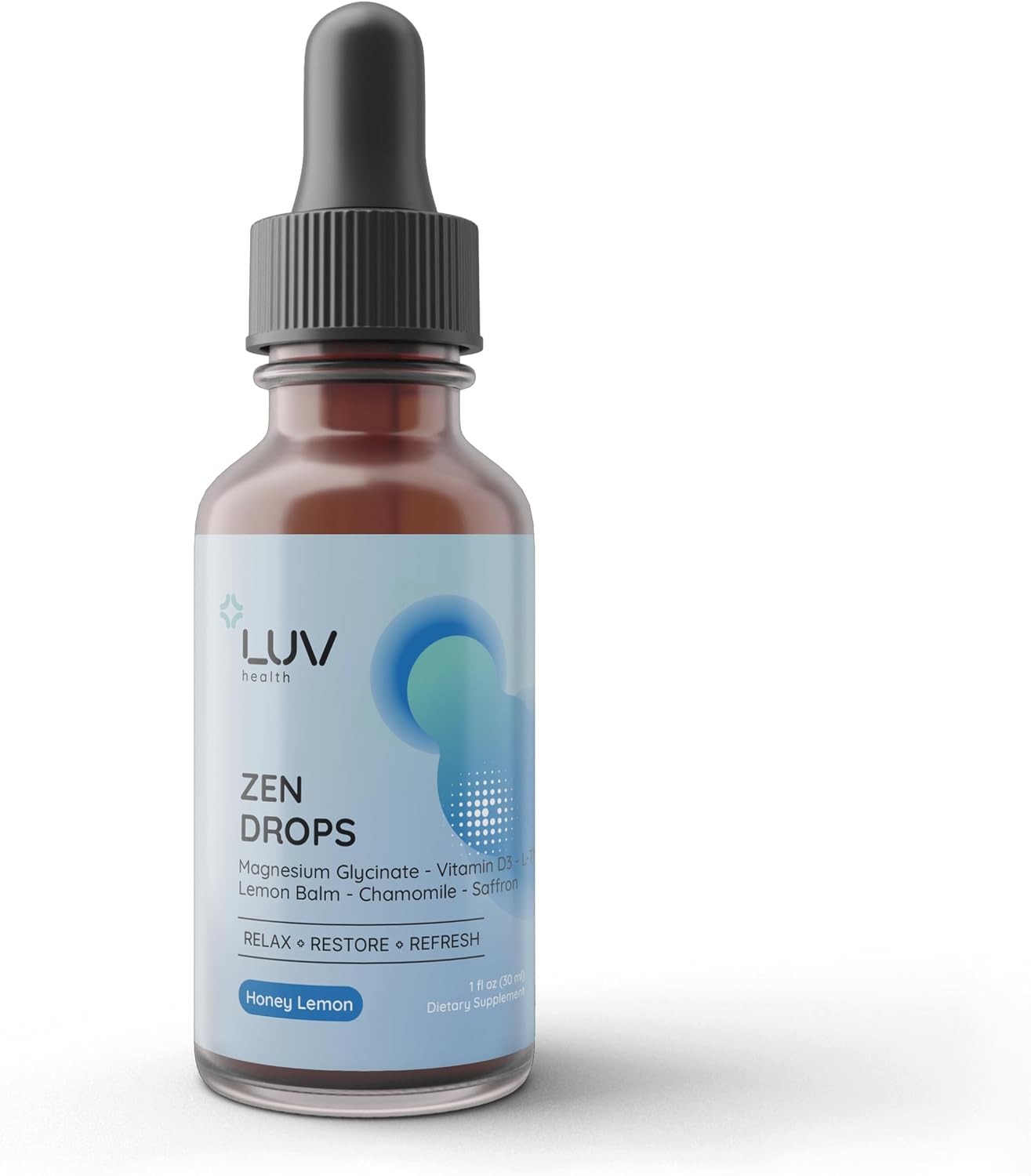 LUV Zen Drops Gotas de apoyo para el estrés con magnesio glicinato, vitamina D3, melisa, manzanilla, azafrán y L-teanina. Vegano, sin gluten, 30 dosis