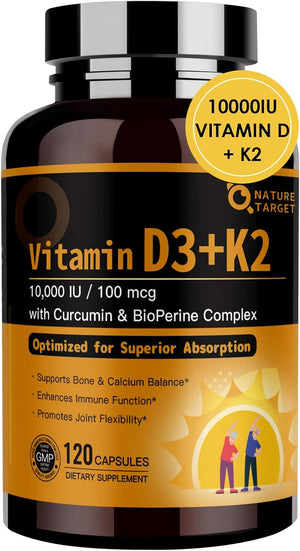 NATURE TARGET Vitamin D3 K2, 10,000 IU D3, 100 mcg K2, 120 Capsules | High-Potency D3 With MCT, for Max Absorption, Supports – Image 1