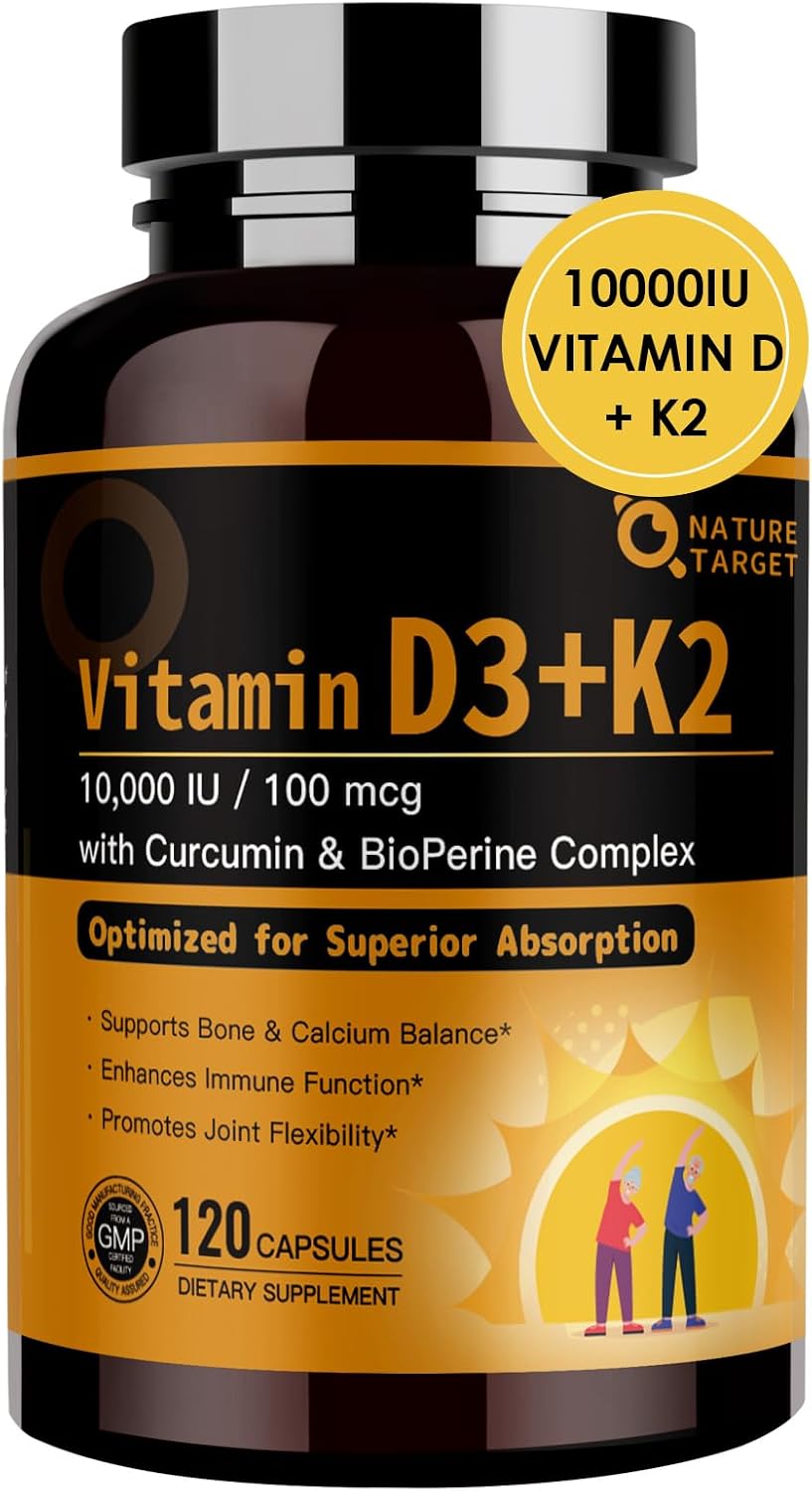 NATURE TARGET Vitamin D3 K2, 10,000 IU D3, 100 mcg K2, 120 Capsules | High-Potency D3 With MCT, for Max Absorption, Supports Bone, Calcium & Immune Health