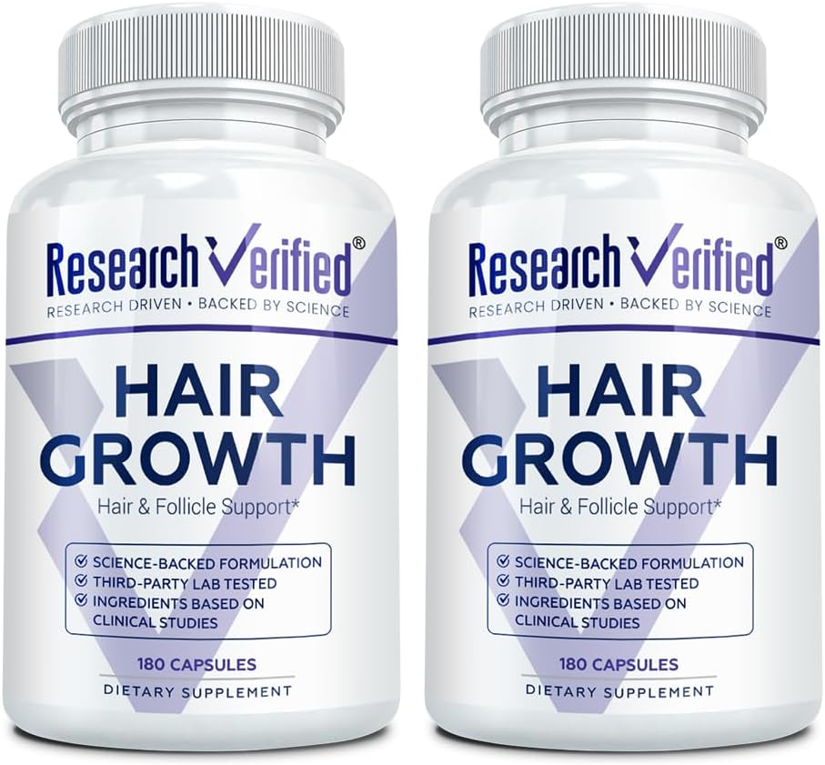 Research Verified Hair Growth Support - con Biotina, Bloqueadores DHT y Vitaminas - 180 Cápsulas - Suministro para 3 Meses