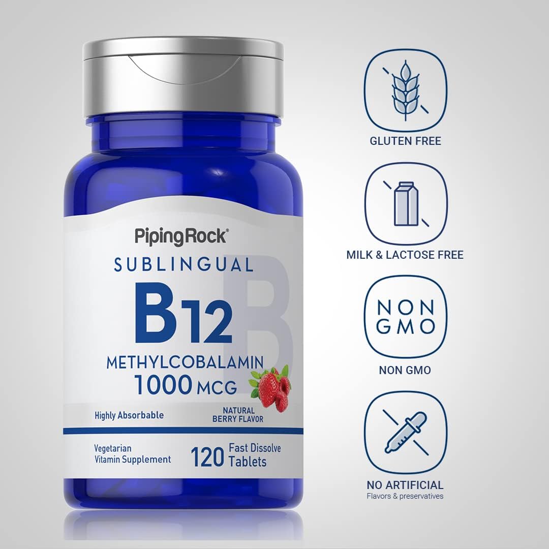 Piping Rock Vitamina B12 1000 mcg Sublingual - 120 Comprimidos - Metilcobalamina - Sabor a Bayas - Vegana, Sin Gluten