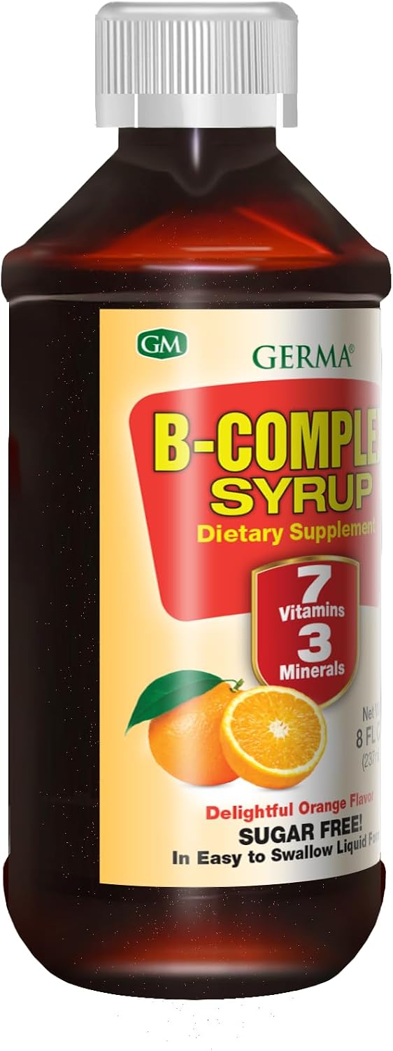 Germa Jarabe Complejo B - Suplemento de Vitaminas B, Sin Azúcar, Sabor Naranja, 237 ml