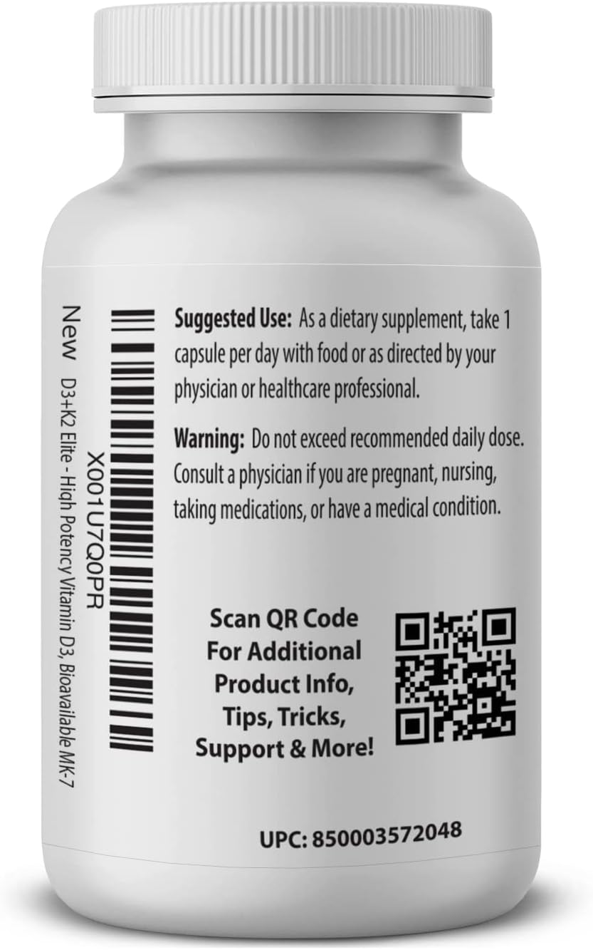 Pro Formulations MD D3 + K2 Elite – Vitamina D3 + Vitamina K2 – 60 Días – Alta Potencia, MK-7 Biodisponible