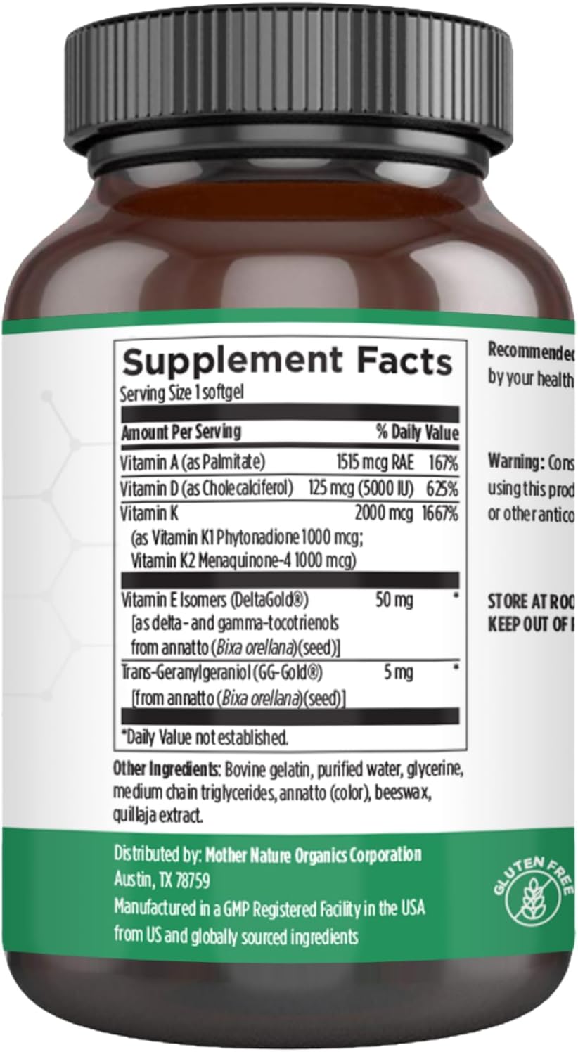 MNO ADK Vitamina D3 5000 UI + A y K2 MK-7, 60 Cápsulas Blandas, No OGM
