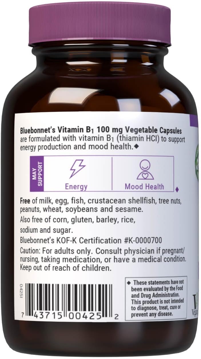 Bluebonnet Vitamin B1 100 mg - 100 Vegetable Capsules