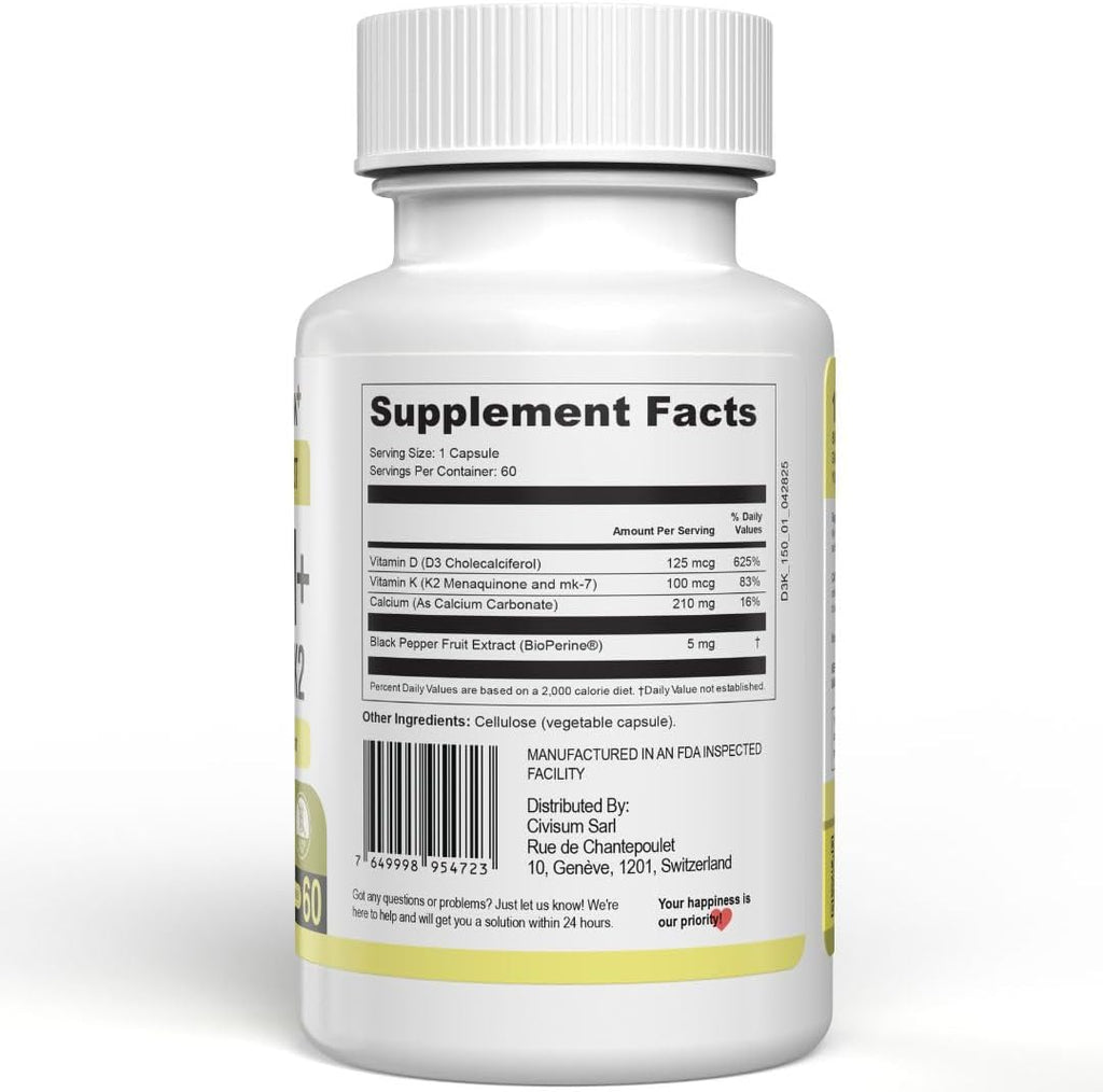 Calcio con Vitamina D3 y K2 – Swiss Activa+ Labs – Vegano, No-GMO – 60 Días