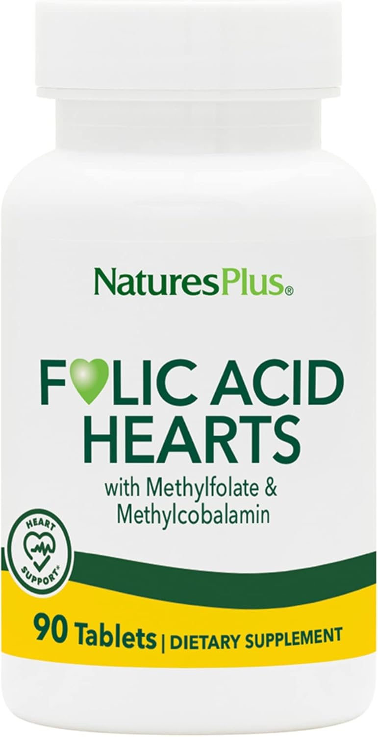NaturesPlus Folic Acid Hearts - 90 comprimidos con metilfolato, B6 y B12 - Sin gluten, vegano
