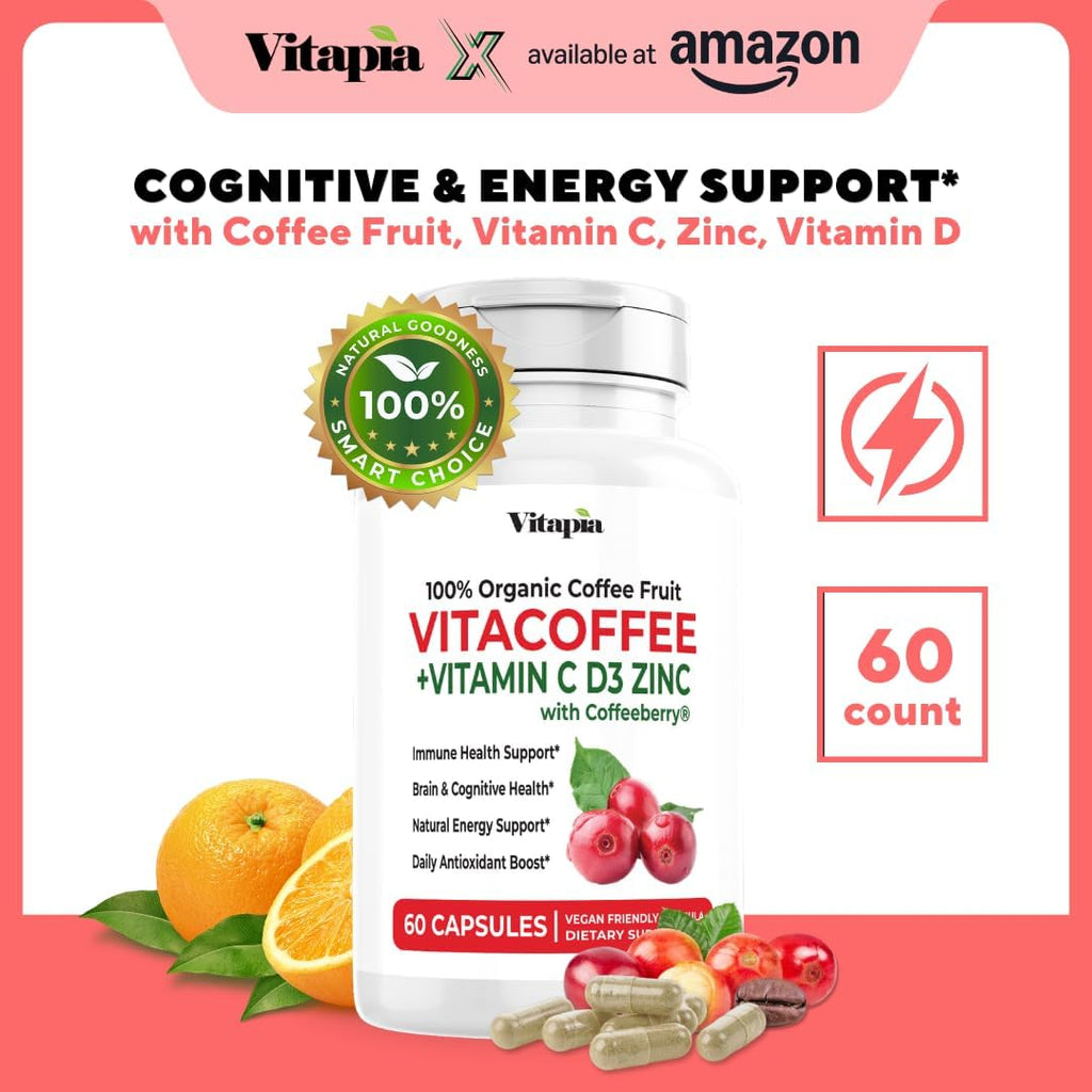 Vitacoffee Cápsulas de Cafeína - Fruta de Café, Vitamina C, D y Zinc - 60 Cápsulas Vegetales