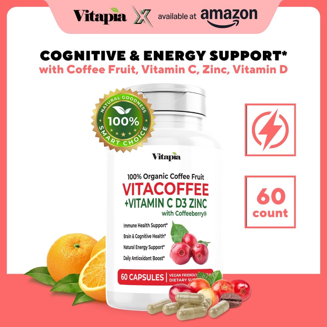 Vitacoffee Cápsulas de Cafeína - Fruta de Café, Vitamina C, D y Zinc - 60 Cápsulas Vegetales