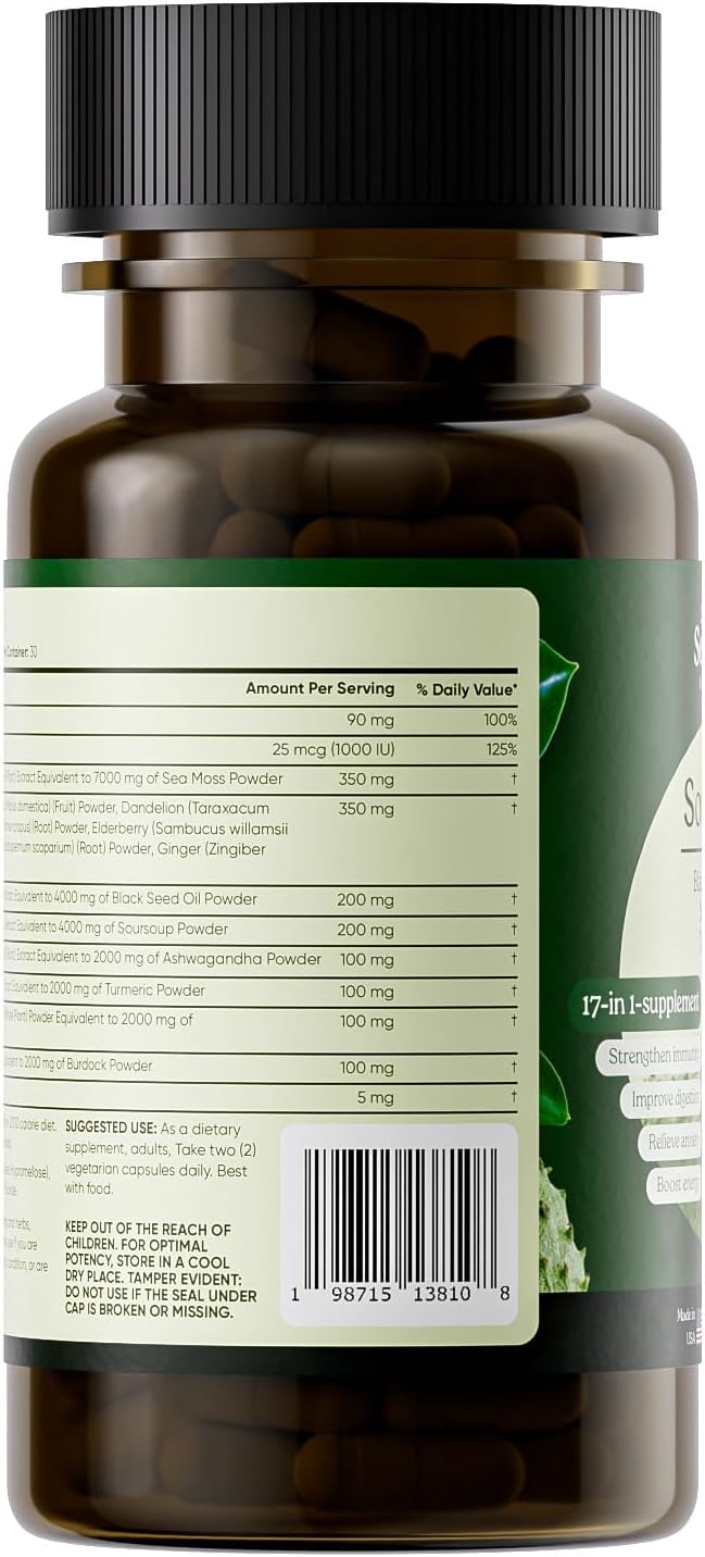 Serene Herbs 17-en-1 Cápsulas de Sea Moss con Irish Seamoss, Aceite de Semilla Negra, Ashwagandha, Cúrcuma y Bladderwrack - Apoyo Inmunológico, Energía y Digestión - Suplemento Herbal Natural - 60 Cápsulas