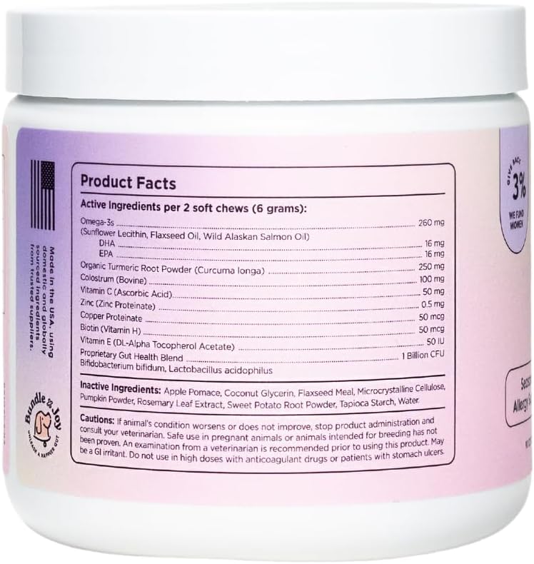 Bundle x Joy Suplemento para la Piel y el Pelaje de Perros, 90 Masticables Blandos con Probióticos, Calostro, Omega-3, Aceite de Salmón y Cúrcuma