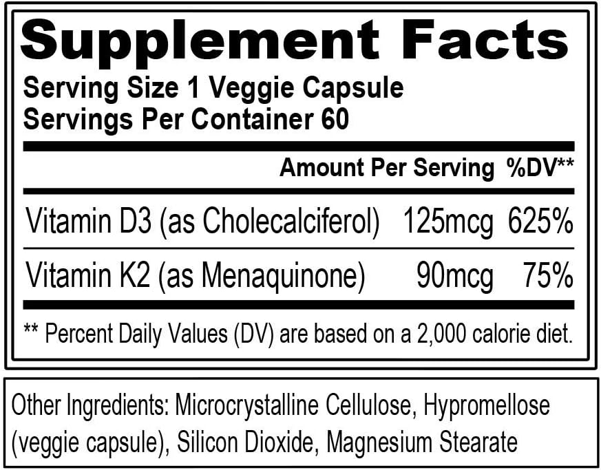 Evlution Nutrition Vitamina D3 K2 - 5000 UI D3 con 90 mcg K2 MK-7 por dosis - 60 Cápsulas Vegetales