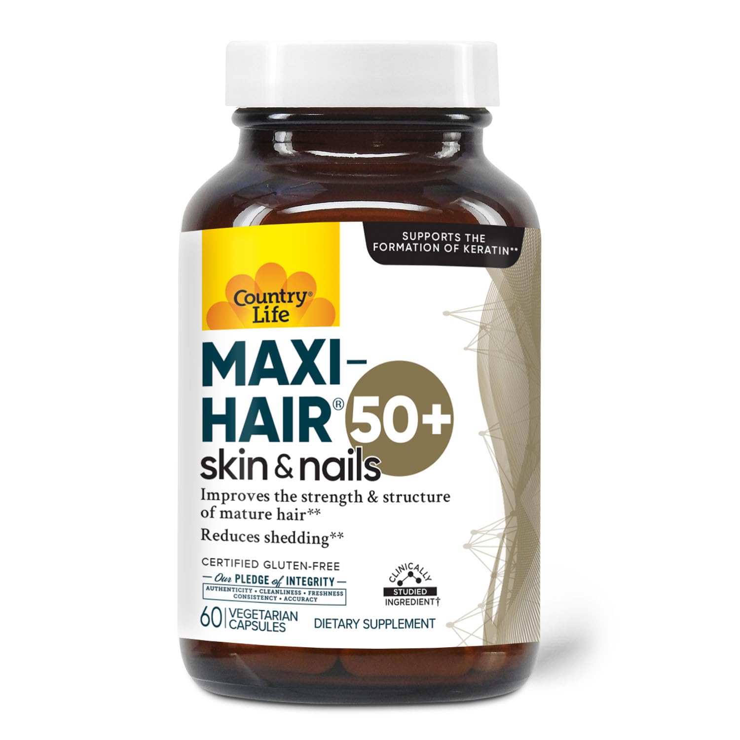 Country Life Maxi-Hair 50+ - Suplemento de biotina con queratina y zinc para cabello, piel y uñas - 60 cápsulas