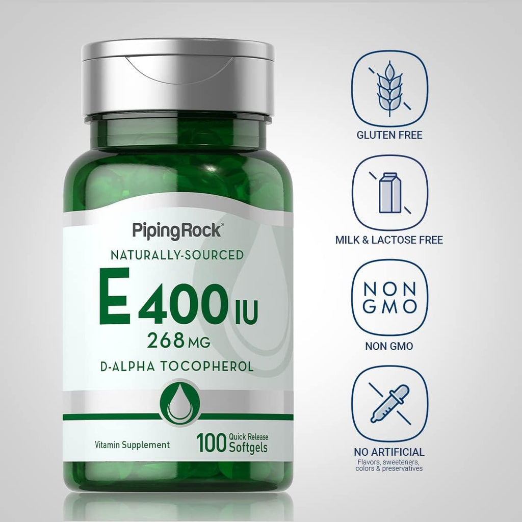 Piping Rock Vitamin E 400 IU Softgel Capsules | 268mg | 100 Pills | D-Alpha Tocopherol | Non-GMO, Gluten Free Supplement