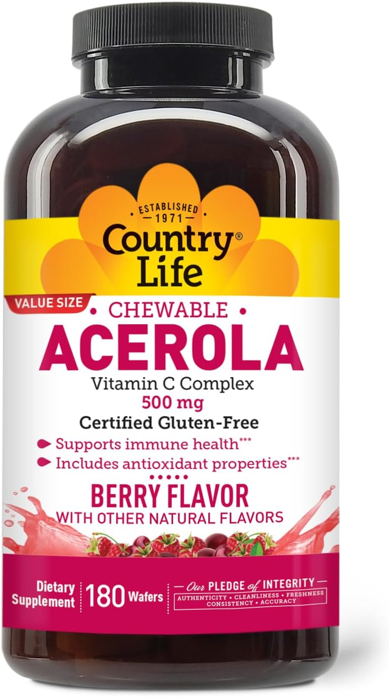 Country Life Complejo de Vitamina C con Acerola - 500 mg - 180 Obleas Masticables Sabor a Bayas