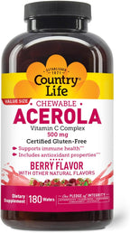Country Life Complejo de Vitamina C con Acerola - 500 mg - 180 Obleas Masticables Sabor a Bayas