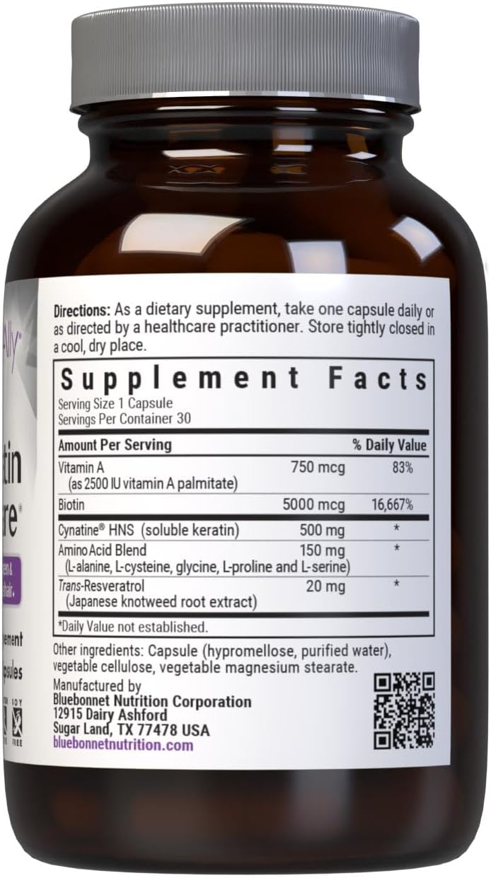 Bluebonnet Nutrition Beautiful Ally Keratin Care - Complemento capilar con biotina y queratina (30 cápsulas)
