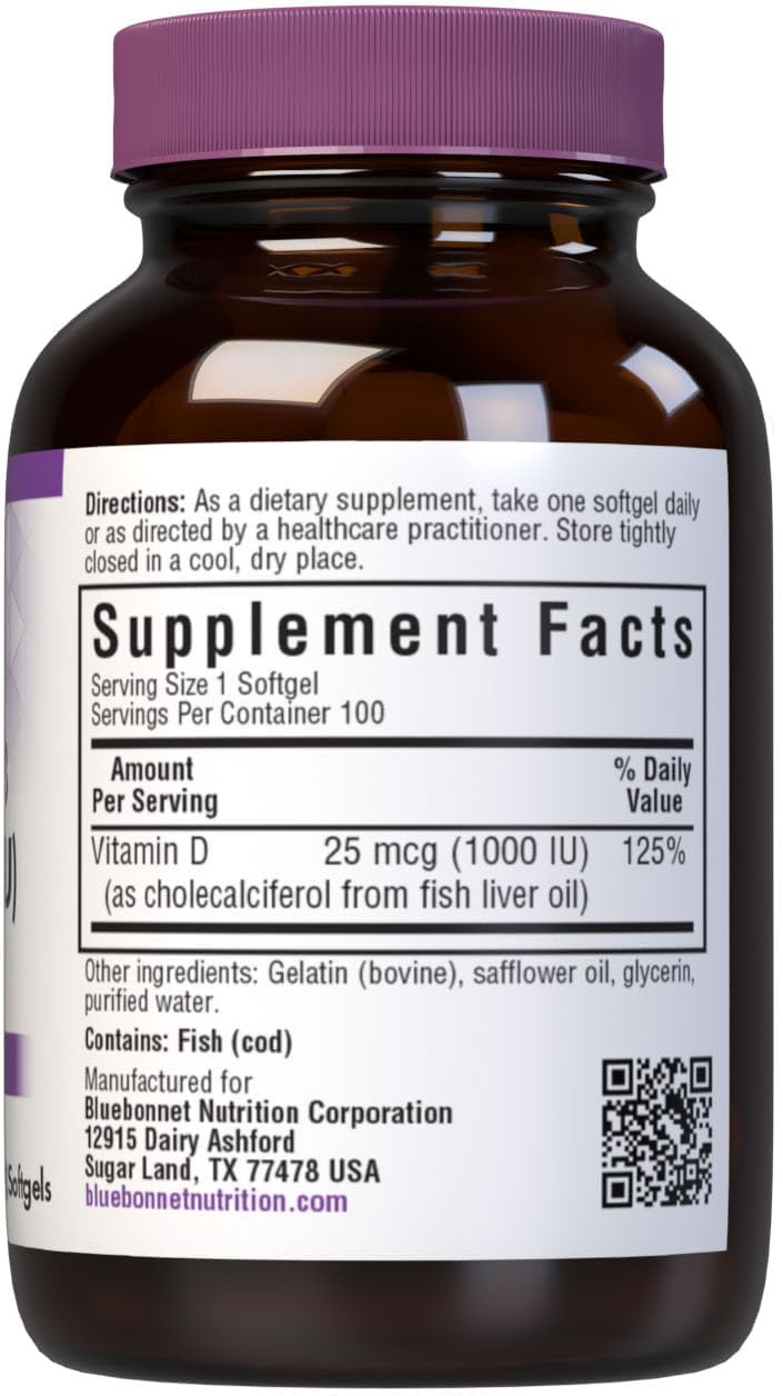 Bluebonnet Nutrition Vitamina D3 1000 UI - 100 Cápsulas Blandas