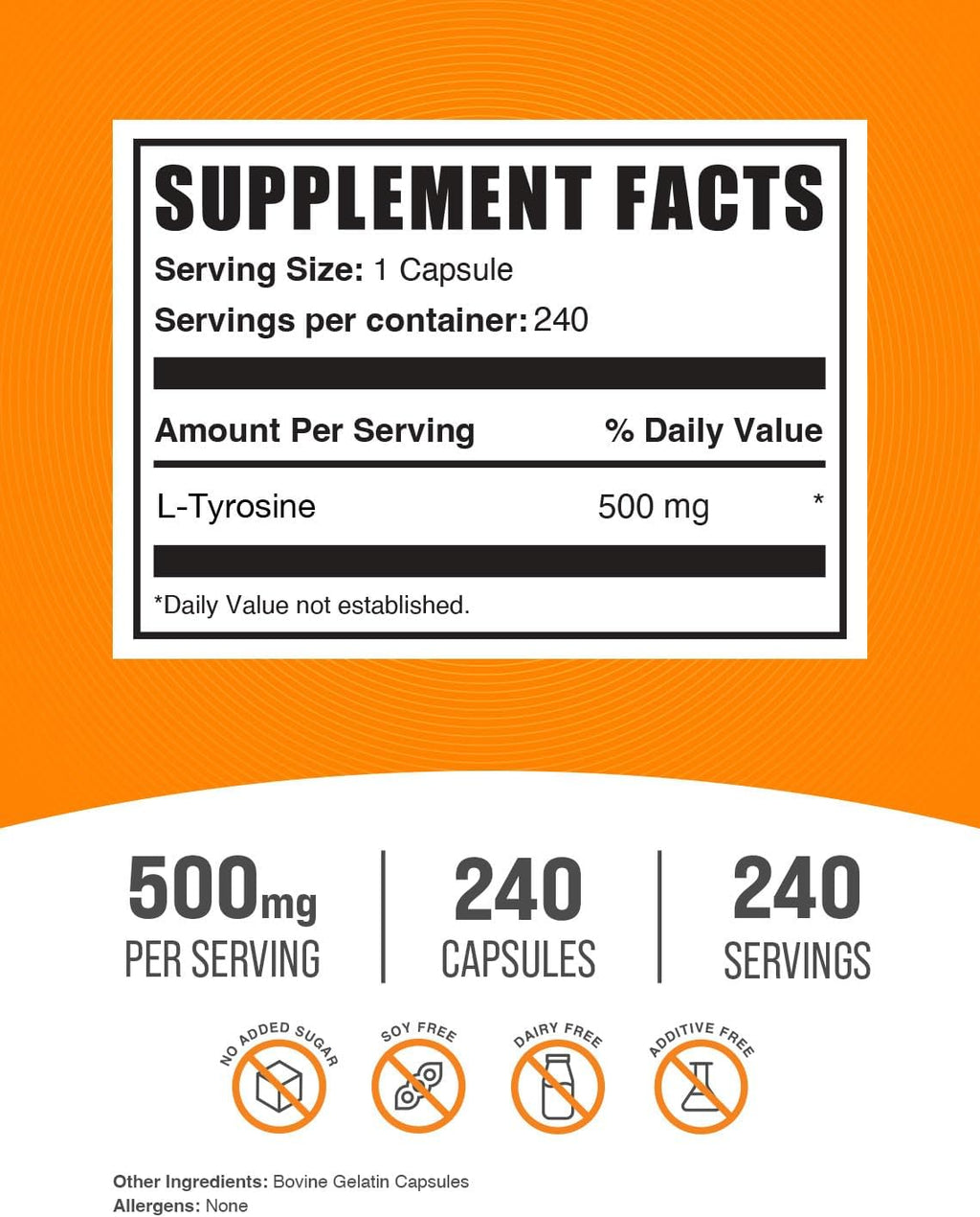 BulkSupplements.com L-Tirosina 500mg Cápsulas - Suplemento de Tirosina, Aminoácido - Sin Gluten, 1 Cápsula por Ración, 240 Cápsulas