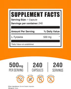 BulkSupplements.com L-Tirosina 500mg Cápsulas - Suplemento de Tirosina, Aminoácido - Sin Gluten, 1 Cápsula por Ración, 240 Cápsulas