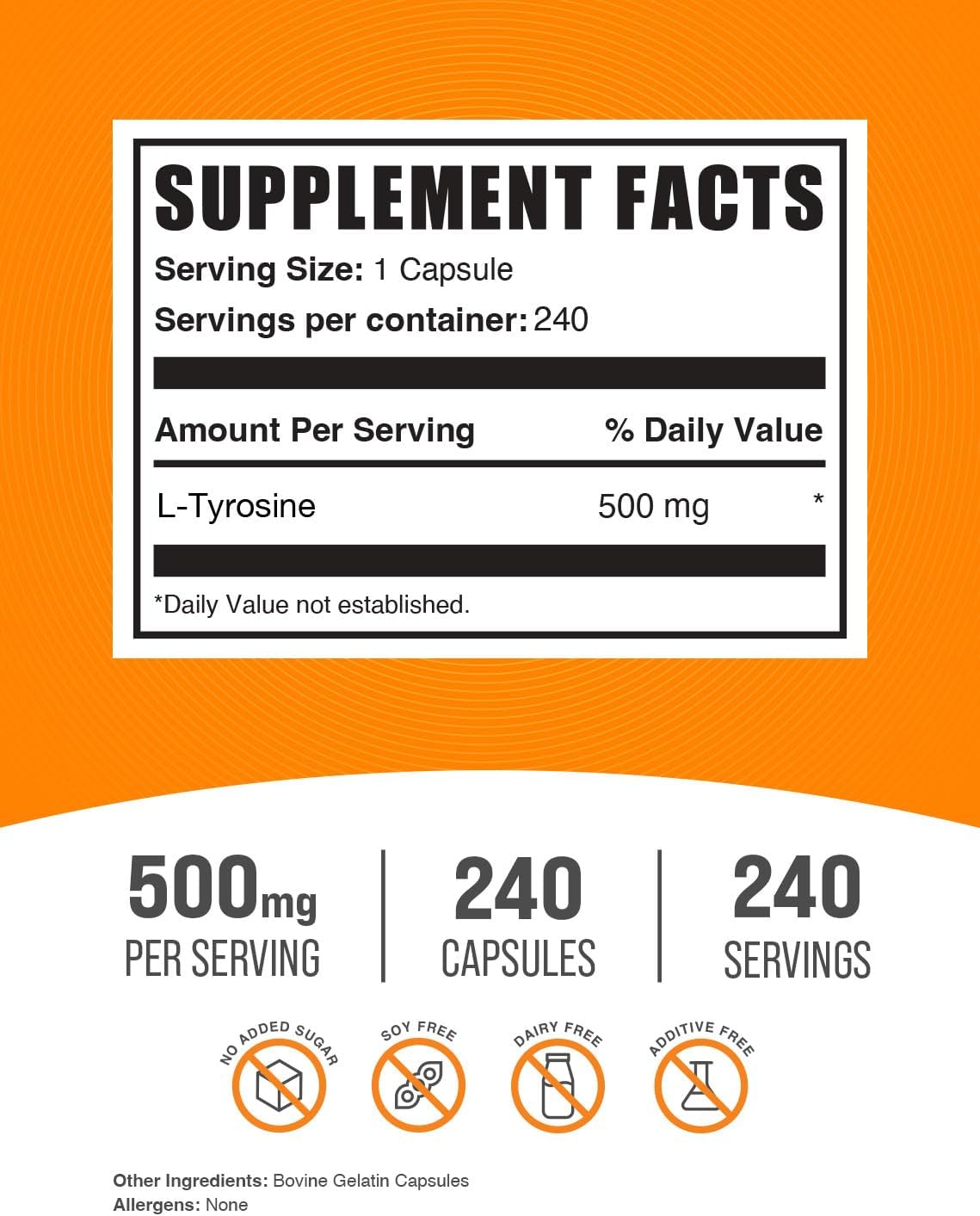 BulkSupplements.com L-Tirosina 500mg Cápsulas - Suplemento de Tirosina, Aminoácido - Sin Gluten, 1 Cápsula por Ración, 240 Cápsulas