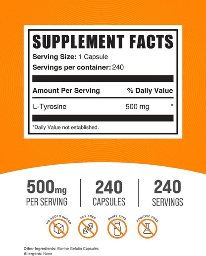 BulkSupplements.com L-Tirosina 500mg Cápsulas - Suplemento de Tirosina, Aminoácido - Sin Gluten, 1 Cápsula por Ración, 240 – Image 2