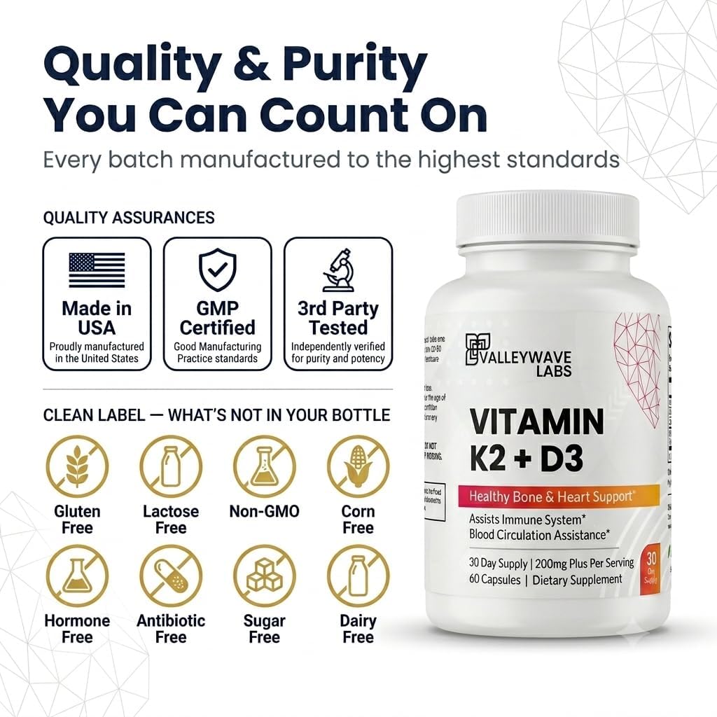 Valleywave Labs Vitamina D3 K2 Cápsulas - 2 en 1 con K2 MK7 100 mcg y D3 5000 UI - 60 Cápsulas