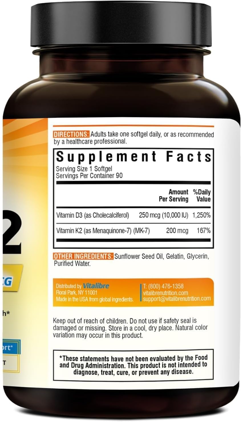 Vitalibre Vitamina D3 K2, 10000 UI D3 / 200 mcg K2 MK7, 90 Cápsulas Blandas