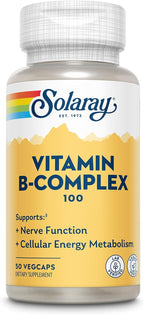 SOLARAY Complejo B 100mg - Energía Celular, Apoyo Nervioso y Cardíaco - 8 Vitaminas B - B12, B1, B2, B3, B6, Niacina, Ácido Fólico y Biotina - Vegano, 50 Cápsulas