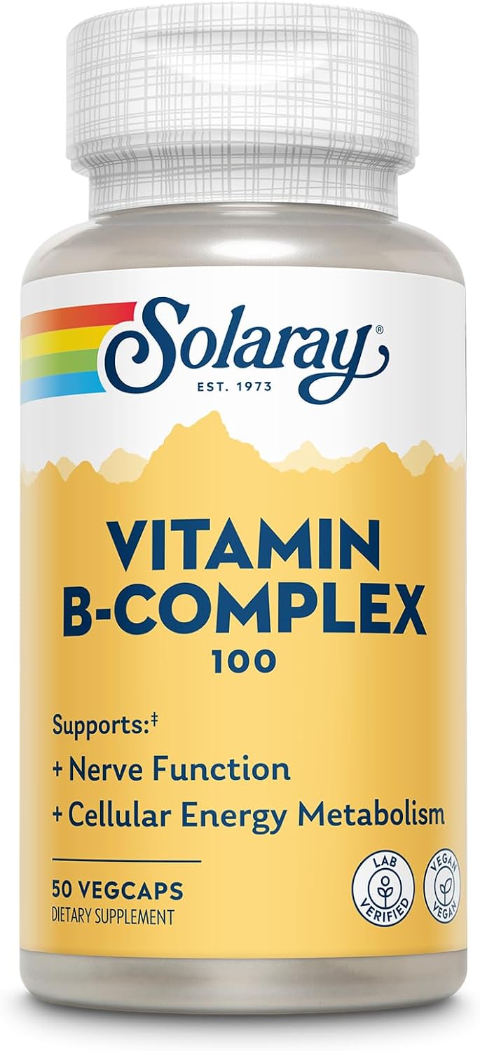 SOLARAY Complejo B 100mg - Energía Celular, Apoyo Nervioso y Cardíaco - 8 Vitaminas B - B12, B1, B2, B3, B6, Niacina, Ácido Fólico y Biotina - Vegano, 50 Cápsulas