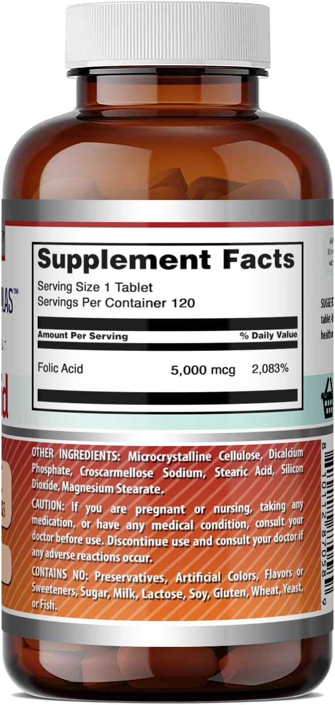 Amazing Formulas Ácido Fólico 5000 mcg, 120 Comprimidos - No OGM, Sin Gluten