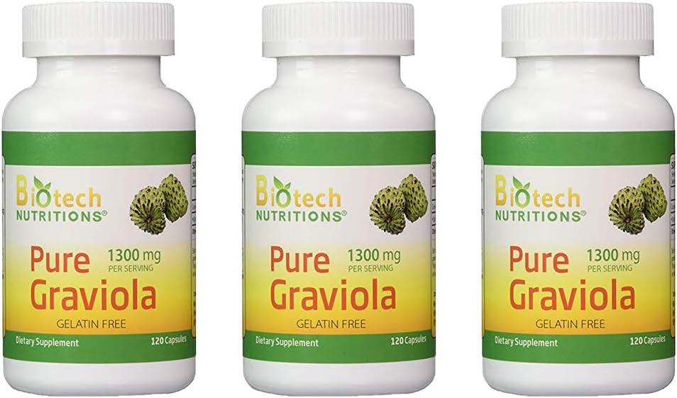 Graviola 100% Pura 1300mg por Ración - 120 Cápsulas por Botella (Annona muricata) | Pack de 3