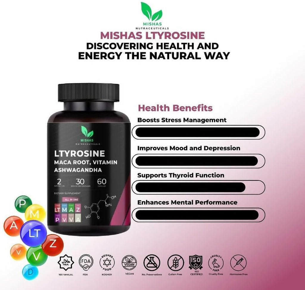 Mishas Nutraceuticals L-Tirosina con Raíz de Maca, Ashwagandha y Complejo de Vitaminas – 60 Cápsulas