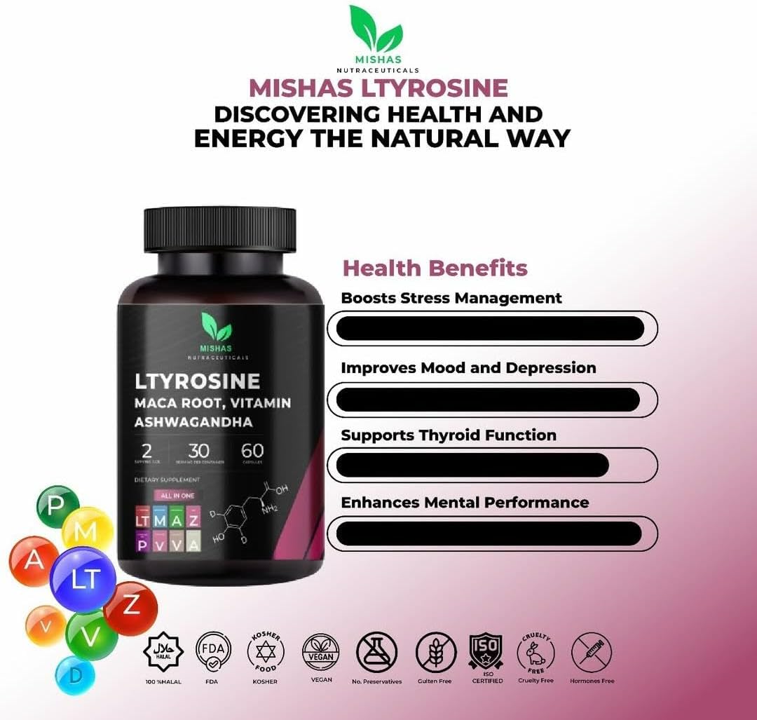 Mishas Nutraceuticals L-Tirosina con Raíz de Maca, Ashwagandha y Complejo de Vitaminas – 60 Cápsulas