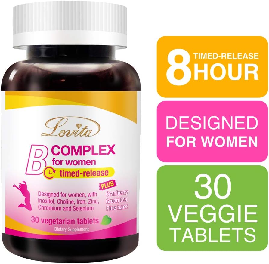 Complejo B de Alta Potencia para Mujeres con Liberación Prolongada - LOVITA - Vitaminas B con Hierro, Vitamina C, Arándano Rojo, Corteza de Pino y Té Verde - 90 Comprimidos (3 Envases de 30)