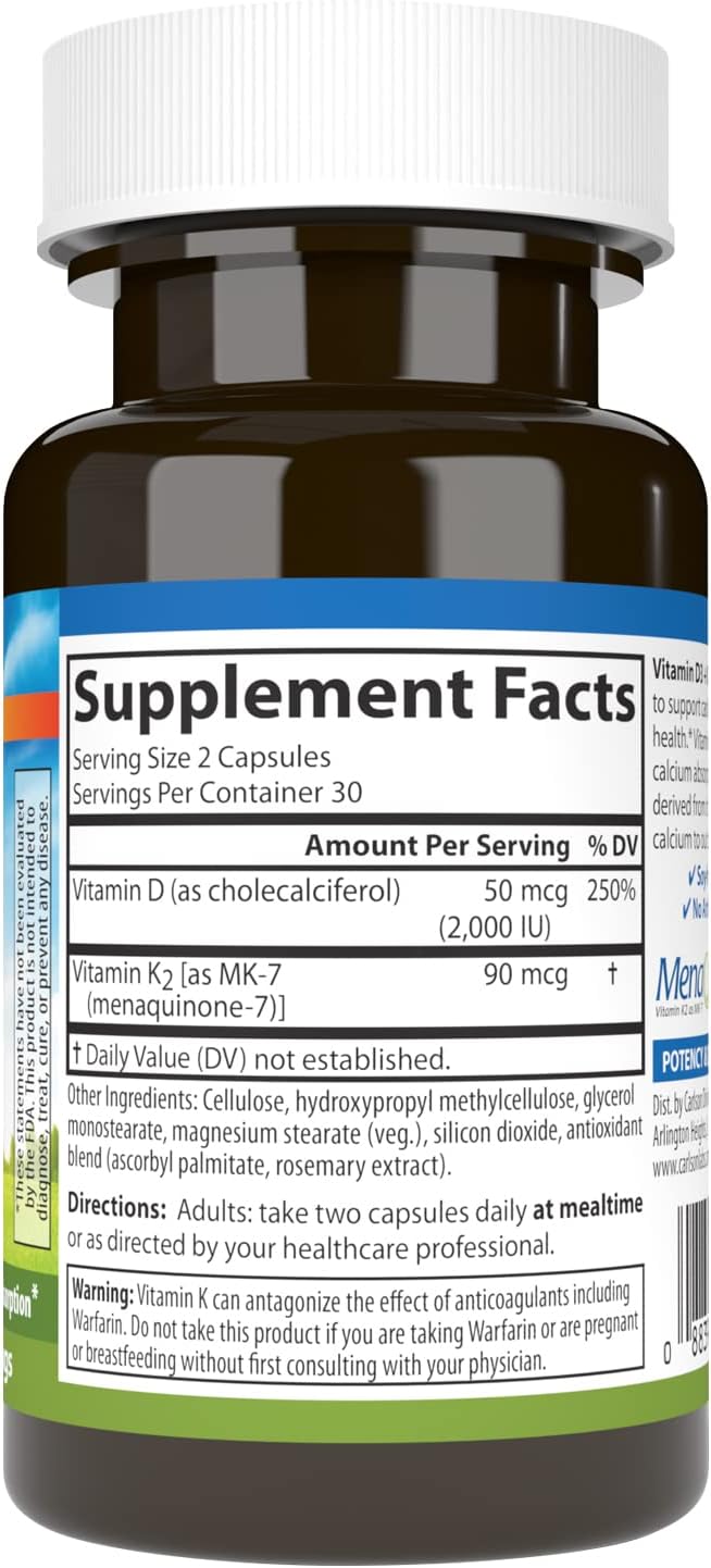 Carlson Vitamina D3 + K2, 2000 UI D3 y 90 mcg K2 MK-7, 60 Cápsulas