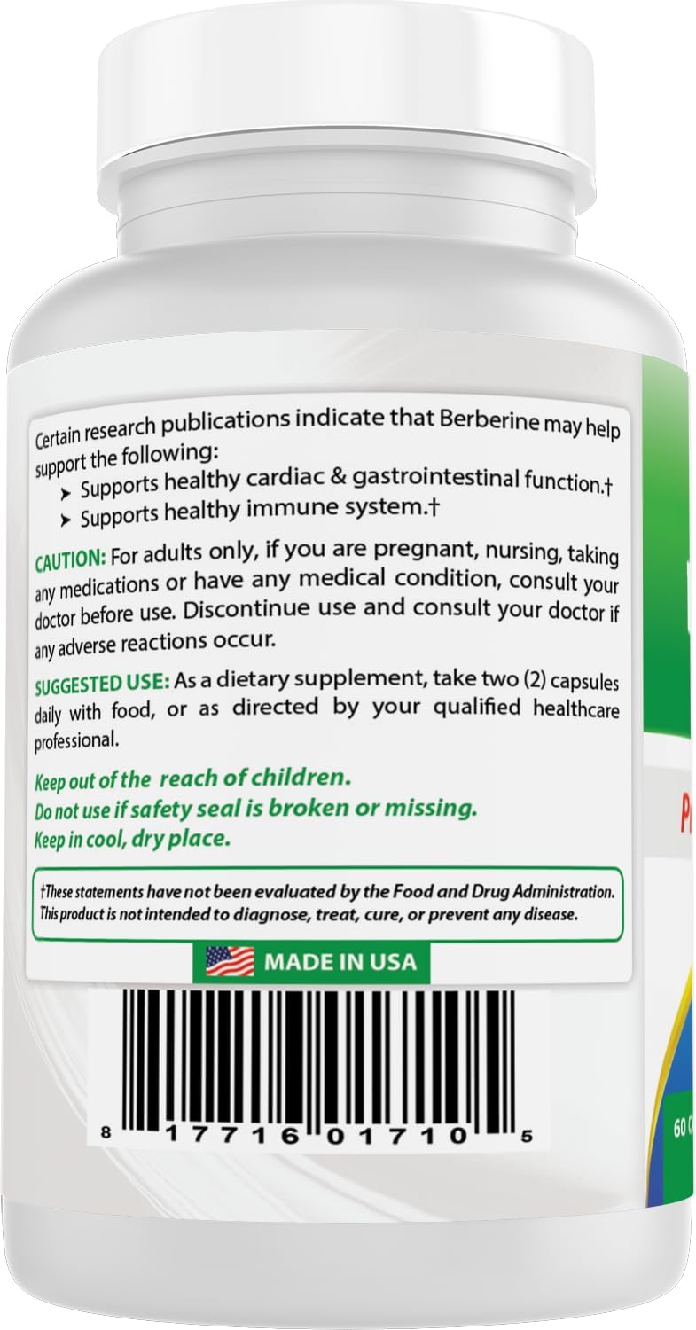 Best Naturals Berberine Plus 1000mg por porción, 60 cápsulas - Contiene Berberina HCL 1000mg, Vitamina C 120mg y Gluconato de Zinc 30mg