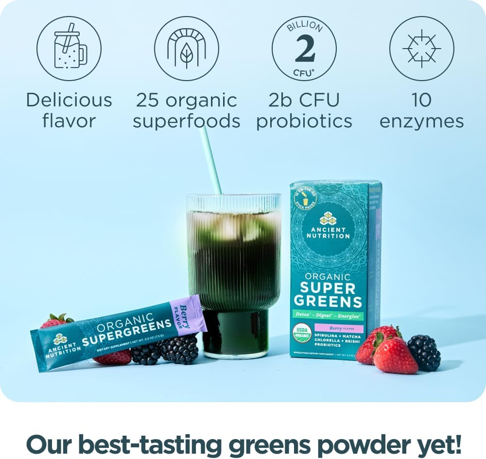 Ancient Nutrition SuperGreens en Polvo con Probióticos, Sabor Bayas Orgánico, 16 Sticks