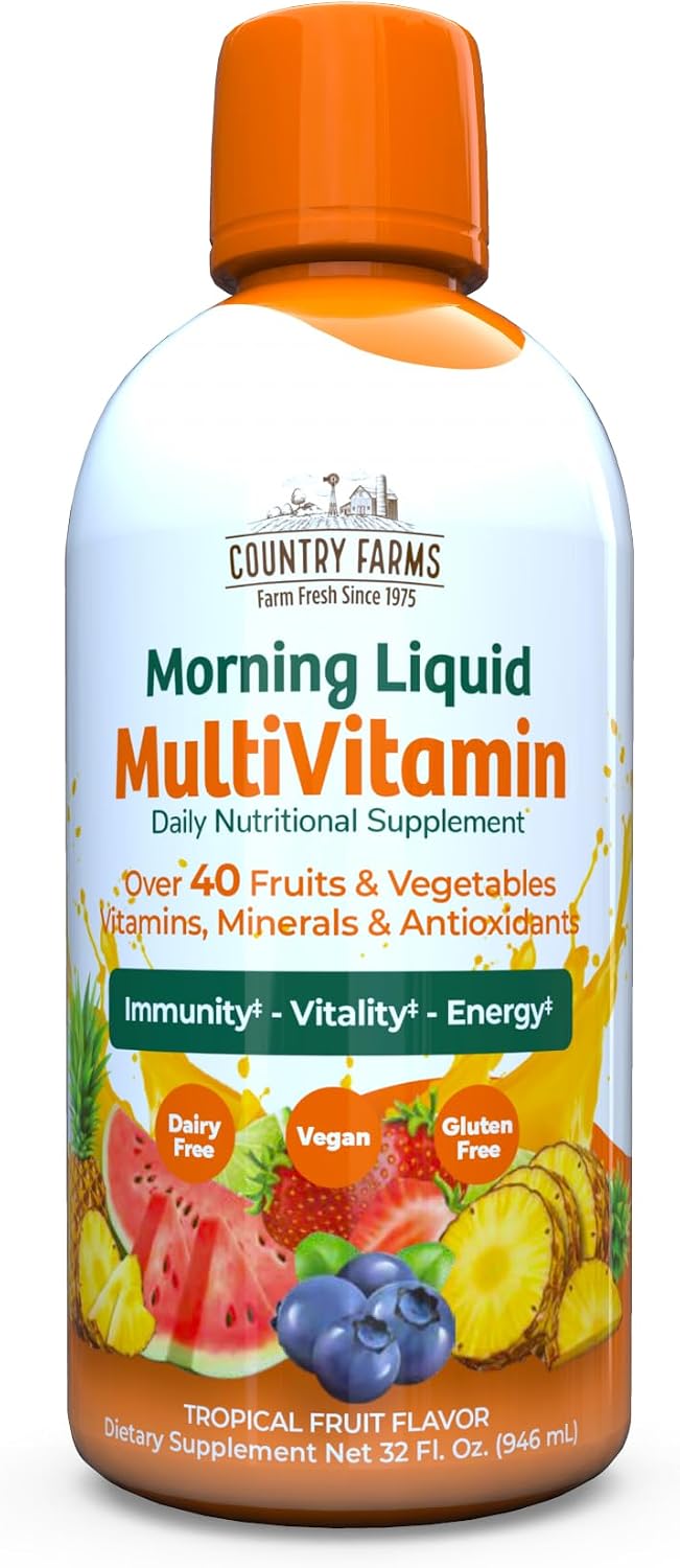 Country Farms Multivitamínico Líquido, Vitaminas y Minerales para Apoyo Inmunitario y Energía, Mezcla de Hierbas, Vegano, Sin Gluten, Sabor Fruta Tropical, 946 ml