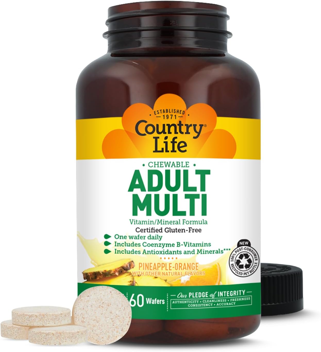 Country Life Multivitamínico Masticable Adultos con Vitaminas B Coenzimáticas, Antioxidantes y Minerales - Sabor Piña-Naranja - 60 Wafers