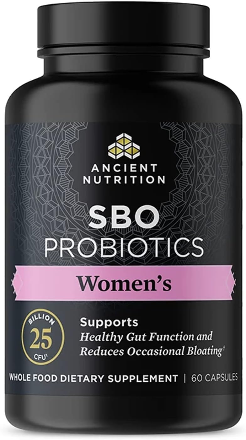 Ancient Nutrition Probióticos para Mujeres, SBO Probióticos 60ct, Apoyo Digestivo e Inmunológico, Alivio de la Hinchazón, Sin Gluten, Mezcla de Superalimentos, 25 Mil Millones UFC*