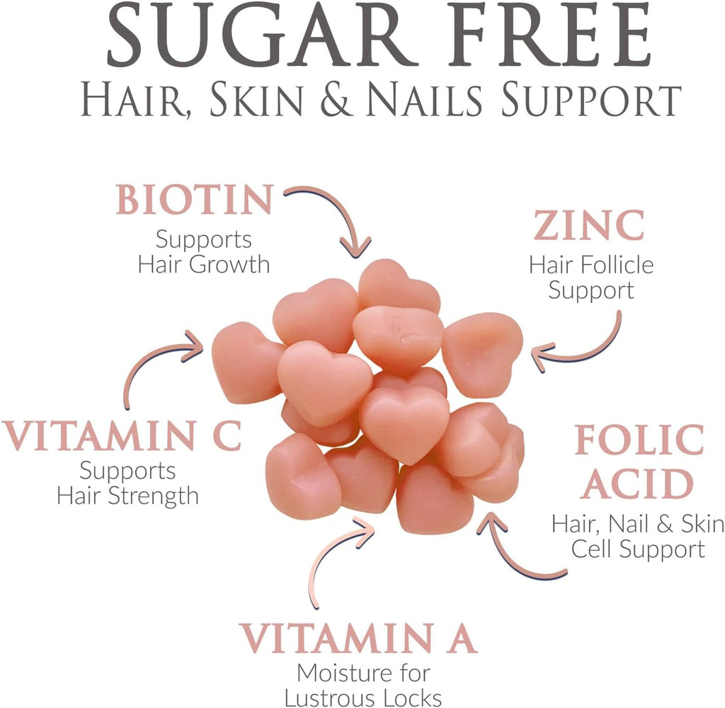 Hair Vitamins Gummies - Gominolas Sin Azúcar con Biotina 5000 mcg, Vitaminas A, B12, C, D, E y Ácido Fólico - 60 Gominolas