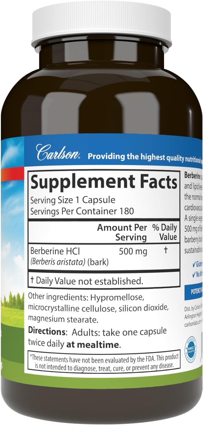 Carlson Berberina – 500 mg, Apoyo Metabólico, 180 Cápsulas Vegetales