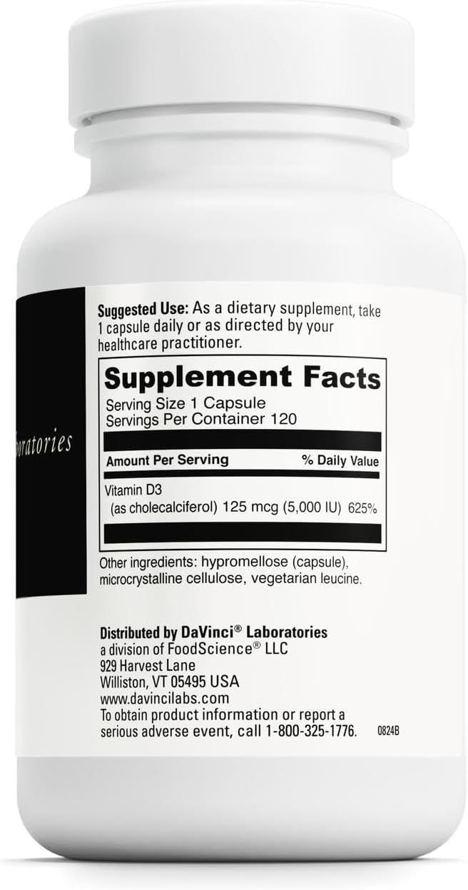 DAVINCI Labs Vitamin D3 5000 IU - Supplement for Bones, Teeth, Cardiovascular Function & Immunity - 120 Capsules