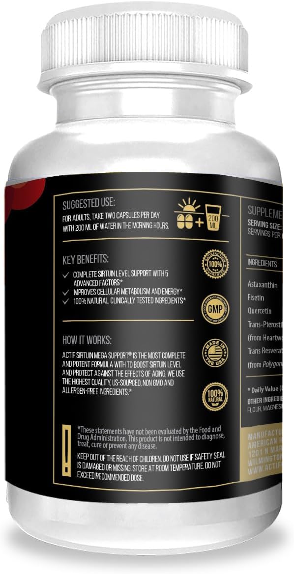 Actif Sirtuin Mega Support con 5 Factores Avanzados – Apoyo Antienvejecimiento, 100% Natural, No Transgénico, 60 Cápsulas